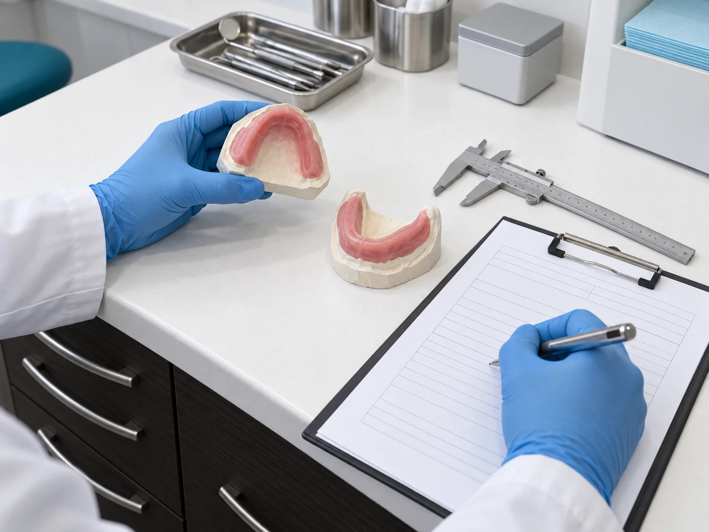 Dental impressions and records used to plan custom denture treatment.