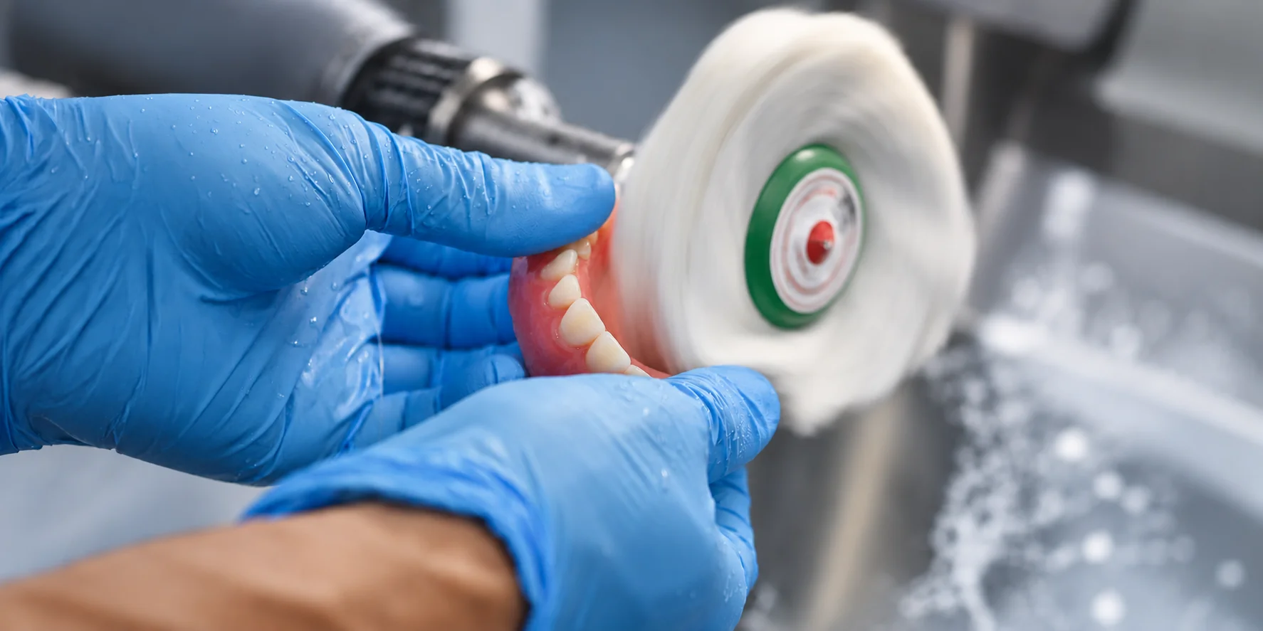 Dental technician polishing a denture to achieve a smooth, comfortable finish.