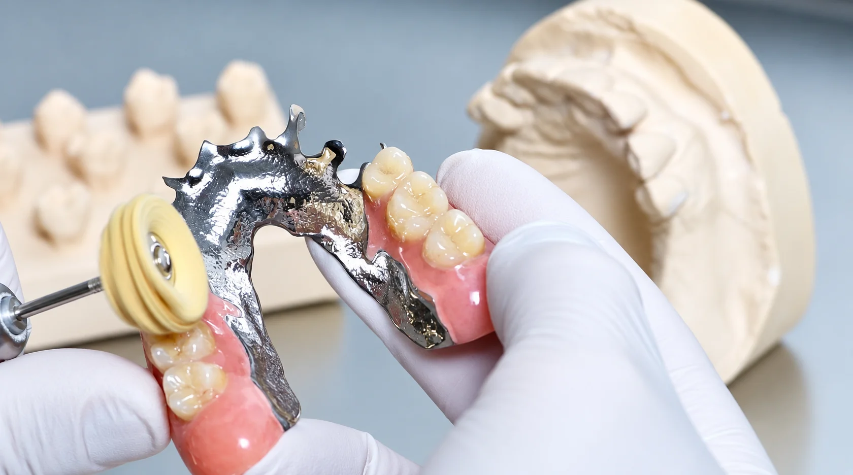 Dental technician polishing a partial denture framework during fabrication.